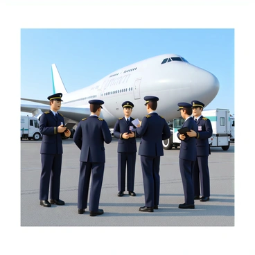 A group of pilots and crew members gathered on the tarmac beside a large commercial airplane. The pilots are wearing navy blue uniforms with gold insignia on their shoulders and are engaged in a discussion while holding flight plans and tablets. One pilot is pointing towards the airplane, indicating details of the flight. The crew members, dressed in smart attire with name tags, are listening attentively. In the background, there are ground service vehicles and a clear blue sky overhead, creating an aviation atmosphere.