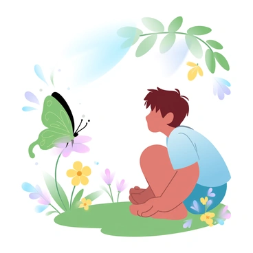 A young child is sitting on a grassy patch, gazing intently at a large luna moth with vibrant green wings. The moth is perched on a nearby flower, its wings slightly open to reveal delicate patterns. The child has tousled hair and is wearing a brightly colored shirt, hands resting on their knees as they lean forward. Sunlight filters through the leaves of a nearby tree, casting soft shadows on the ground. Surrounding them are various wildflowers in shades of yellow and purple, creating an enchanting atmosphere.