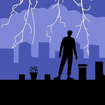 A silhouette of a person standing on a rooftop with their arms relaxed by their sides. The figure is facing towards the horizon, observing "lightning" that illuminates the cloudy night sky. The rooftop is detailed with a few small items like a potted plant and a chimney. Surrounding the scene is a dark silhouette of a city skyline with various building shapes. The "lightning" creates dynamic flashes, casting brief glows on the person and the rooftop area.