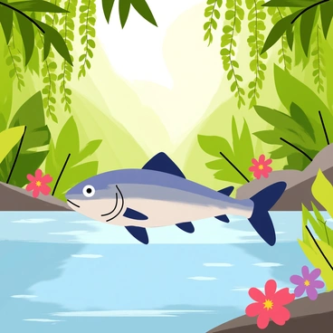 A piranha with sharp, visible teeth is swimming in a clear jungle river. The water is crystal clear, revealing the riverbed with smooth pebbles. Lush green foliage surrounds the river, including large, broad leaves and hanging vines. Brightly colored tropical flowers are interspersed among the greenery, adding vibrant spots of color to the scene. Sunlight filters through the leaves above, casting dappled light on the water's surface.