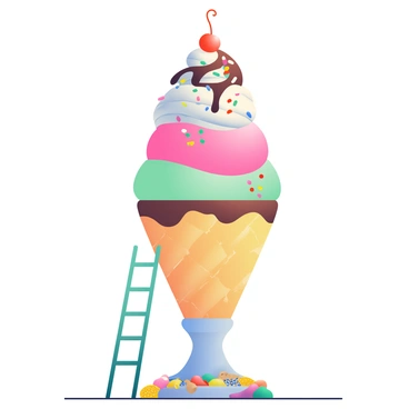 A gigantic ice cream sundae dominates the center of the image, towering high with multiple scoops of colorful ice cream, including pink strawberry, mint green, and creamy chocolate. The sundae is topped with a generous swirl of whipped cream, drizzled with rich hot fudge and colorful sprinkles. A cherry rests on top, gleaming red against the white cream. Beside the sundae, a tall ladder leans against it, indicating that reaching the top requires climbing. The base of the sundae is adorned with an array of toppings, such as crushed nuts and colorful gummy candies. The scene is vibrant and cheerful, emphasizing the enormity of the sundae.