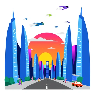 A futuristic city with sleek skyscrapers made of glass and metal, reflecting the sunlight. The buildings have unique, modern shapes with sharp angles and smooth curves. Numerous flying cars zip through the sky, leaving trails of light behind them. The streets below are bustling with people walking and small electric vehicles. In the background, a vibrant sunset casts colorful hues across the skyline, enhancing the city's advanced appearance.