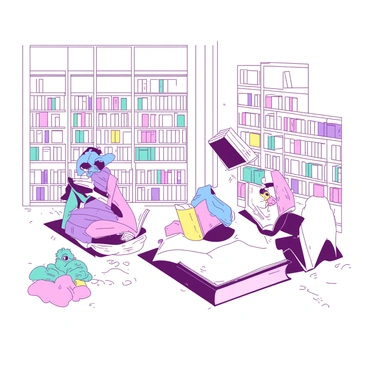 A white library is filled with floating books, each one gently hovering in mid-air. The shelves are lined with colorful spines, and a few open books reveal glowing pages. Various characters, depicted in vibrant attire, are scattered throughout the library. One character, dressed in a blue cloak, is reaching for a floating book, while another, wearing a pink dress, is sitting cross-legged on a nearby cloud of pages, deeply engrossed in reading. A small teal character is peeking out from behind a stack of books, curiously observing the scene. Light filters through large windows, illuminating the enchanting atmosphere of the library.