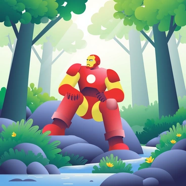 Ironman is seated on a large, moss-covered rock in the foreground of a lush forest. He is wearing his signature red and gold armor, which glints softly in the dappled sunlight filtering through the green leaves above. Around him, tall trees with thick trunks and vibrant foliage create a canopy overhead. The forest floor is carpeted with rich green ferns and scattered wildflowers in shades of purple and yellow. A small stream flows nearby, and the gentle sound of water can be seen as it trickles over smooth stones. Ironman has one arm resting on his knee, and his helmet is lifted to reveal his face, showing a relaxed expression as he takes a moment to breathe in the fresh air.
