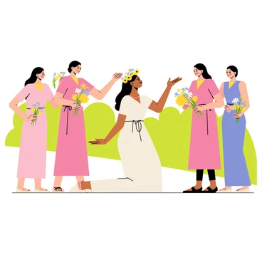A group of bridesmaids wearing pastel-colored dresses are gathered around a bride kneeling in the center. The bride has long flowing hair and is smiling. The bridesmaids are gently arranging a crown of wildflowers on her head, which consists of vibrant yellow daisies, bluebells, and white clovers. The background features a sunny outdoor setting with green grass and trees. Some of the bridesmaids hold small bouquets of matching wildflowers in their hands.