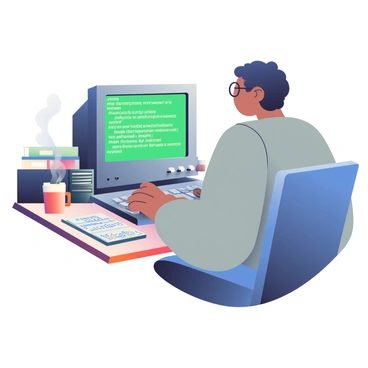 A programmer with short black hair is seated at an old-school wooden computer desk. The desk is cluttered with various outdated technology, including a bulky monitor displaying a green command line interface with DOS commands. The programmer is wearing round glasses and a gray sweatshirt, intently typing on a vintage mechanical keyboard. A stack of floppy disks is visible to the right of the keyboard, along with a steaming mug of coffee and a notepad filled with handwritten notes. The room has dim lighting, creating a focused atmosphere around the programmer as they work.