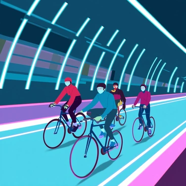 A bicycle path lined with sleek, futuristic lighting, running parallel to a deep metro tunnel. The path features smooth, illuminated surfaces and a barrier separating cyclists from the tunnel. Several cyclists of diverse backgrounds are riding along the path, wearing modern helmets and sporty attire. The metro tunnel is visible in the background, showcasing high-tech trains passing through, leaving behind a blur of motion. The scene is set during the day, with bright overhead lights casting a vibrant glow on the cyclists as they navigate the path.