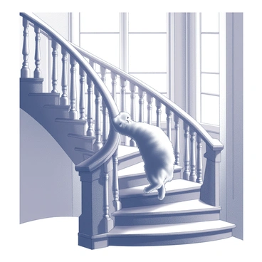 A Persian cat with long, fluffy fur is gracefully descending a grand, spiraling staircase. The staircase is made of ornate wood, featuring intricate carvings along the railings and balusters. Each step of the staircase curves elegantly, leading down to a spacious foyer area below. The cat's tail is held high as it carefully places its paws on the polished steps. Sunlight filters through a large window above, casting shadows and highlighting the cat's luxurious fur. The overall scene conveys a sense of elegance and poise.