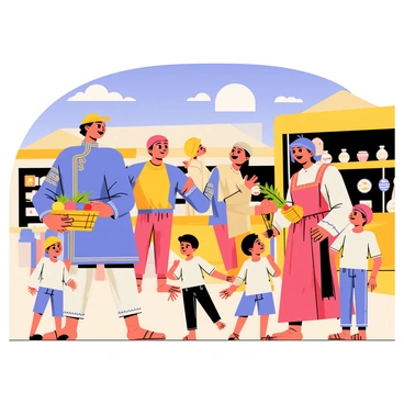 A group of people gathered in a lively marketplace set in a historical time period. The scene features individuals in detailed costumes, including a man wearing a vibrant blue tunic with gold embroidery and a wide-brimmed hat. Next to him, a woman in a long flowing dress of rich red fabric, adorned with intricate patterns, is holding a basket filled with colorful fruits. Children in simpler attire play nearby, some in short trousers and shirts, while others wear dresses with lace trim. In the background, stalls with various goods like spices, textiles, and pottery are visible, adding to the bustling atmosphere of the market. The sky above is a bright blue, suggesting a sunny day filled with activity.