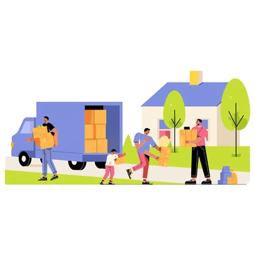 A family of four is unloading boxes from a large moving truck parked on a quiet street in a suburban neighborhood. The truck is bright blue with an open back, revealing various cardboard boxes stacked inside. The parents, a man and a woman, are carrying large boxes towards a nearby house with a light yellow exterior. The two children, a boy and a girl, are playfully stacking smaller boxes in front of the truck. Lush green grass surrounds the area, and a few trees provide shade nearby. In the background, a clear blue sky can be seen, adding to the peaceful atmosphere of the scene.