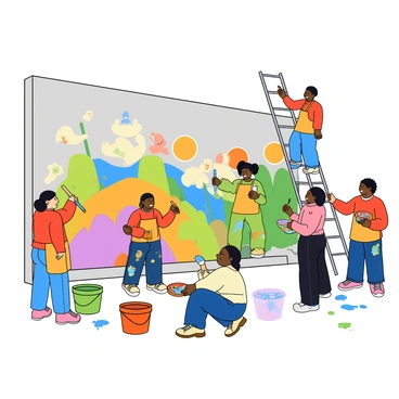A group of diverse participants gathered around a large city wall, each one holding a paintbrush and palette. Some individuals have bright, playful clothing, while others are wearing aprons splattered with colorful paint. They are actively painting various sections of the mural, which features a mix of vibrant colors and playful designs, including whimsical animals and abstract shapes. One person is reaching up high on a ladder, adding details to the top of the mural, while another is crouching down to fill in a section near the bottom. There are buckets of paint in various colors scattered around them, and a few paint splatters can be seen on the ground. The atmosphere is lively and collaborative, with smiles and laughter among the participants as they create their artwork together.
