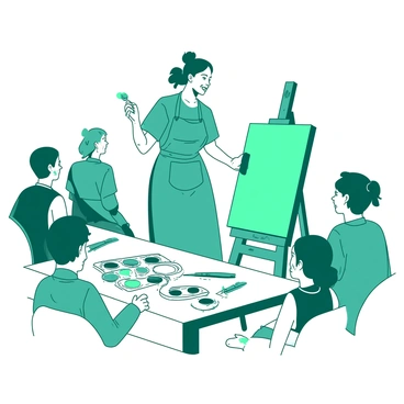 A teal creative host is standing in front of a group of participants in an art class. The host is smiling and holding a paintbrush in one hand while gesturing towards a large canvas on an easel. Surrounding the host, there are various paint tubes in vibrant colors scattered across a white table. Canvases of different sizes are leaning against the walls, and some participants are seated, eagerly listening. A few have paint on their aprons as they prepare to create their own artwork. The room is filled with an atmosphere of excitement and creativity.