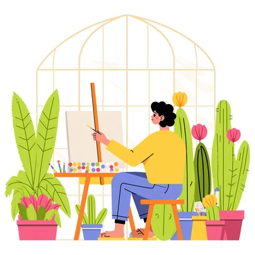 An artist seated at a wooden easel inside a glass conservatory. The artist has curly hair and is focused on a canvas, capturing the vibrant diversity of various plants surrounding them. Lush green ferns with delicate fronds are present alongside tall cacti displaying sharp spines. Colorful flowers bloom in various shades, including bright red, yellow, and purple. Sunlight filters through the glass panels, creating a warm and inviting atmosphere. The artist's palette is full of vibrant colors, and brushes are scattered on a nearby table.