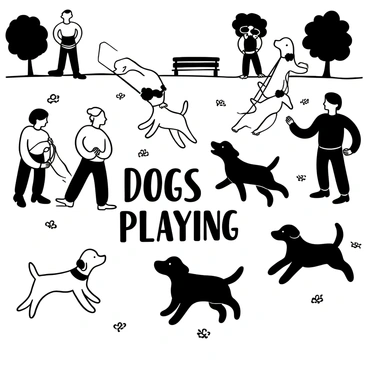 A group of dogs of various breeds are playing and running together in an open dog park filled with green grass. Some dogs chase each other while others are rolling around joyfully. A few owners are standing nearby, observing the playful scene. They wear casual clothing and hold leashes in their hands. In the background, there are trees providing shade, and a few benches scattered throughout the park. Words "Dogs Playing" are displayed prominently in the center of the image.