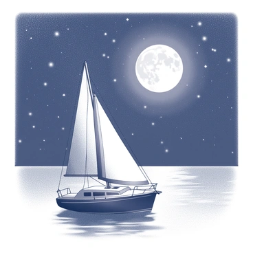 A sailboat is anchored on calm waters. The boat has a white sail that is gently furled against the mast. The night sky is filled with numerous stars, creating a sparkling backdrop. A large glowing moon hangs prominently in the sky, casting reflections on the water's surface. The scene conveys a peaceful atmosphere with the sailboat resting quietly beneath the celestial display.