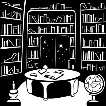 A dark, dusty library filled with ancient books and shadowy figures