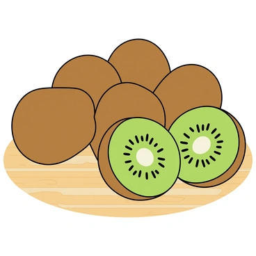 An artistic vector depiction of whole kiwis alongside their cross-section to show the unique texture.