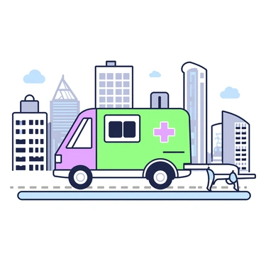 A medical transport van is parked on a rooftop helipad. The van has distinct markings indicating its medical purpose. In the background, there is a skyline featuring tall buildings with various architectural styles, including glass facades and concrete structures. The rooftop helipad is marked with large symbols and a grid pattern. The scene is set during the day with clear visibility of the surrounding urban landscape.
