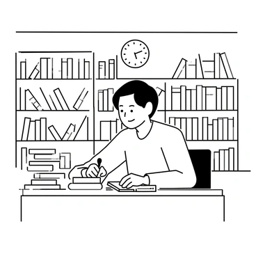 A parolee sitting at a wooden table in a quiet library, surrounded by tall bookshelves filled with books. He has short hair and is wearing a plain gray sweatshirt. He is focused on a stack of books and notes spread out in front of him. With a pen in hand, he is taking notes in a notebook. Sunlight filters through a window, casting shadows on the floor. A clock on the wall indicates the time, reinforcing the atmosphere of dedicated study.