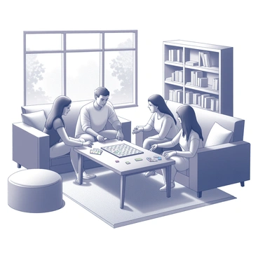 A cozy living room with a warm atmosphere. A group of friends is gathered around a wooden coffee table, engaged in a board game. There are four individuals, two men and two women, sitting on comfortable sofas. The table is adorned with various game pieces and cards. A large window reveals the silhouette of trees outside, enhancing the homely feel. Soft cushions are scattered around the room, and a bookshelf filled with books lines one wall, adding to the inviting ambiance.