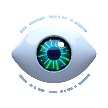 A human eye with intricate details, featuring glowing circuits and advanced technology elements embedded within. The iris displays a pattern of luminous lines that resemble circuitry, reflecting a vibrant blue and green glow. The sclera appears smooth and reflective, enhancing the eye's futuristic aspect. Surrounding the eye, there are faint outlines of digital interfaces and data streams, creating an impression of a high-tech environment.