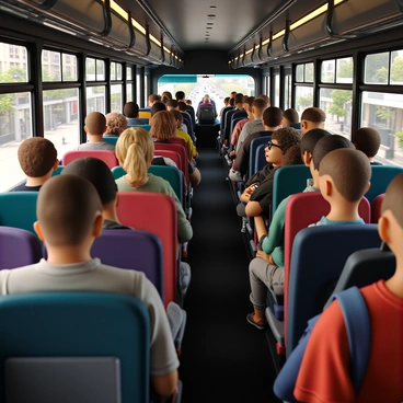 A crowded bus filled with passengers packed tightly inside. The interior of the bus features multi-colored seats with some passengers standing as the vehicle moves. The passengers include a diverse group of individuals, such as an elderly man with gray hair holding onto the overhead railing, a young woman with glasses reading a book, and a child clutching a backpack. The bus windows show reflections of the cityscape outside, with buildings, trees, and streetlights visible. The atmosphere inside the bus is dynamic, with people engaged in conversations and others lost in their thoughts.