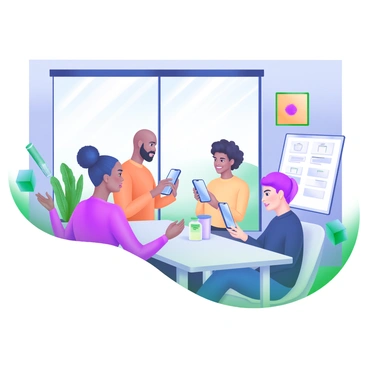 A bright, modern office featuring a large window that allows sunlight to fill the space. In the center, a group of diverse users, including individuals of various ethnicities, are gathered around a sleek table. Each person is focused on their own smartphone, interacting with a new app. The office is decorated with potted plants and contemporary artwork on the walls. Nearby, there is a whiteboard with sketches and notes related to the app testing.