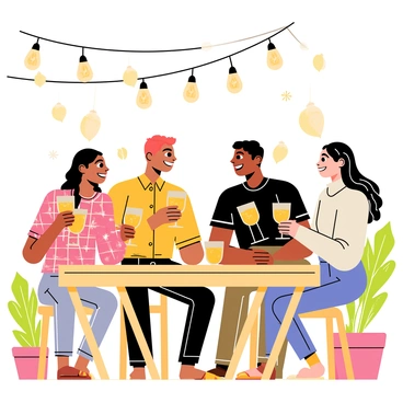 A group of four friends, two men and two women, are gathered around a wooden table, each holding a glass filled with a sparkling drink. They are smiling and looking at each other, ready to make a toast. The scene is illuminated by several vintage hanging lights that cast a warm, inviting glow. Each friend has a distinct style; one man wears a plaid shirt, the other is in a classic black t-shirt, while one woman has curly hair and a floral dress, and the other has straight hair and is wearing a cozy sweater. The background features a rustic setting with a few potted plants and soft decorations, enhancing the celebratory atmosphere.