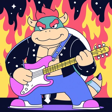 Bowser is depicted as a large creature with a spiked shell and a fierce expression, holding an electric guitar. He is dressed in a black leather jacket adorned with silver studs. His hands are positioned confidently on the guitar as he strums a powerful chord. Behind him is a fiery backdrop with flames in shades of orange and red, creating a dynamic atmosphere. The stage is illuminated with bright lights, casting a dramatic glow over Bowser.