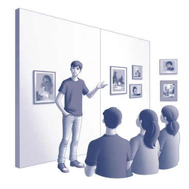 A student stands confidently in a small gallery space. They are gesturing toward their artwork displayed on a white wall, which consists of a series of monochrome drawings. The student is wearing casual attire, including a black t-shirt and jeans. The gallery features simple lighting that highlights the details of the artwork. Several art pieces from other students are visible in the background, creating a vibrant yet intimate atmosphere. The student’s expression shows enthusiasm as they explain their creative process and inspiration to a small audience gathered around them, listening intently.