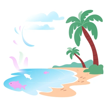 A picturesque beach scene featuring a serene shoreline with gentle waves lapping at the sand. Tropical fish in vibrant colors are swimming gracefully close to the water's edge, their forms visible beneath the clear, shallow water. In the background, tall palm trees with lush green fronds are swaying slightly in the breeze, casting soft shadows on the beach. The sky above is a blend of gradient pastel colors, creating a calm and inviting atmosphere.