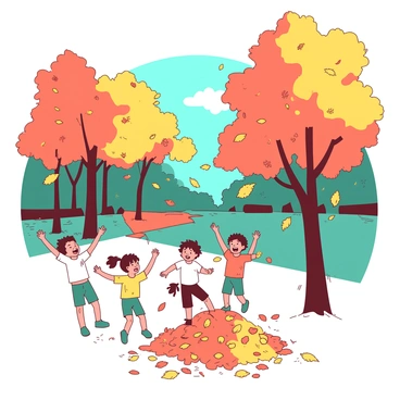 A teal park is filled with trees displaying bright orange and yellow leaves. The ground is carpeted with fallen leaves, creating vibrant piles. Several children are joyfully playing in the leaves, tossing them into the air and laughing as they jump into the piles. In the background, there is a clear blue sky peeking through the tree branches.
