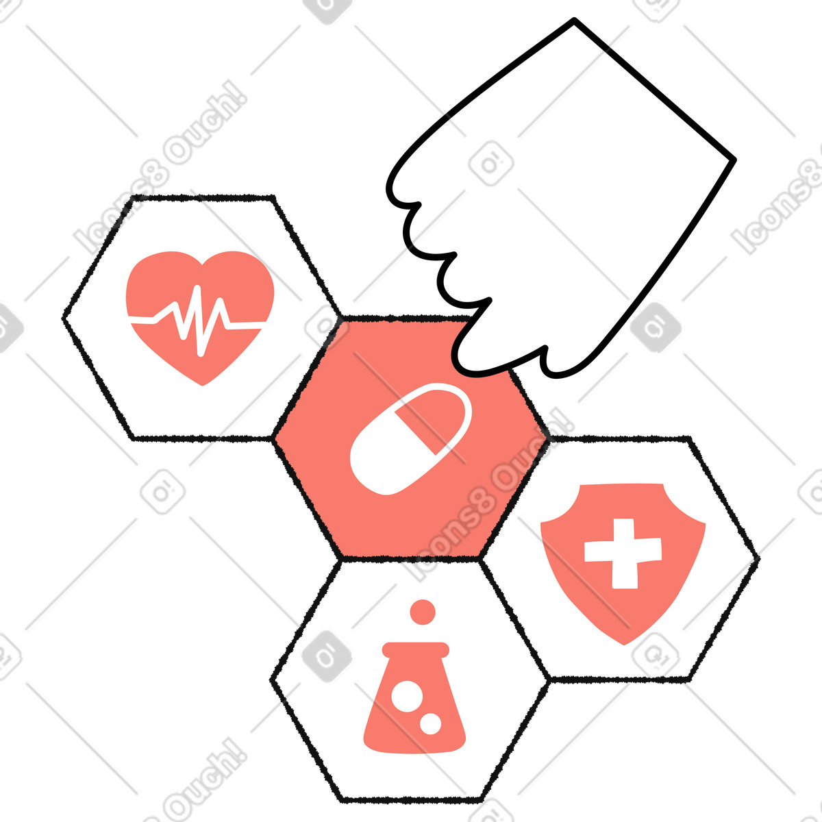 Ilustración Healthcare hand selecting pill icon among medical hexagon choices en estilo Bold People a descargar en PNG y SVG