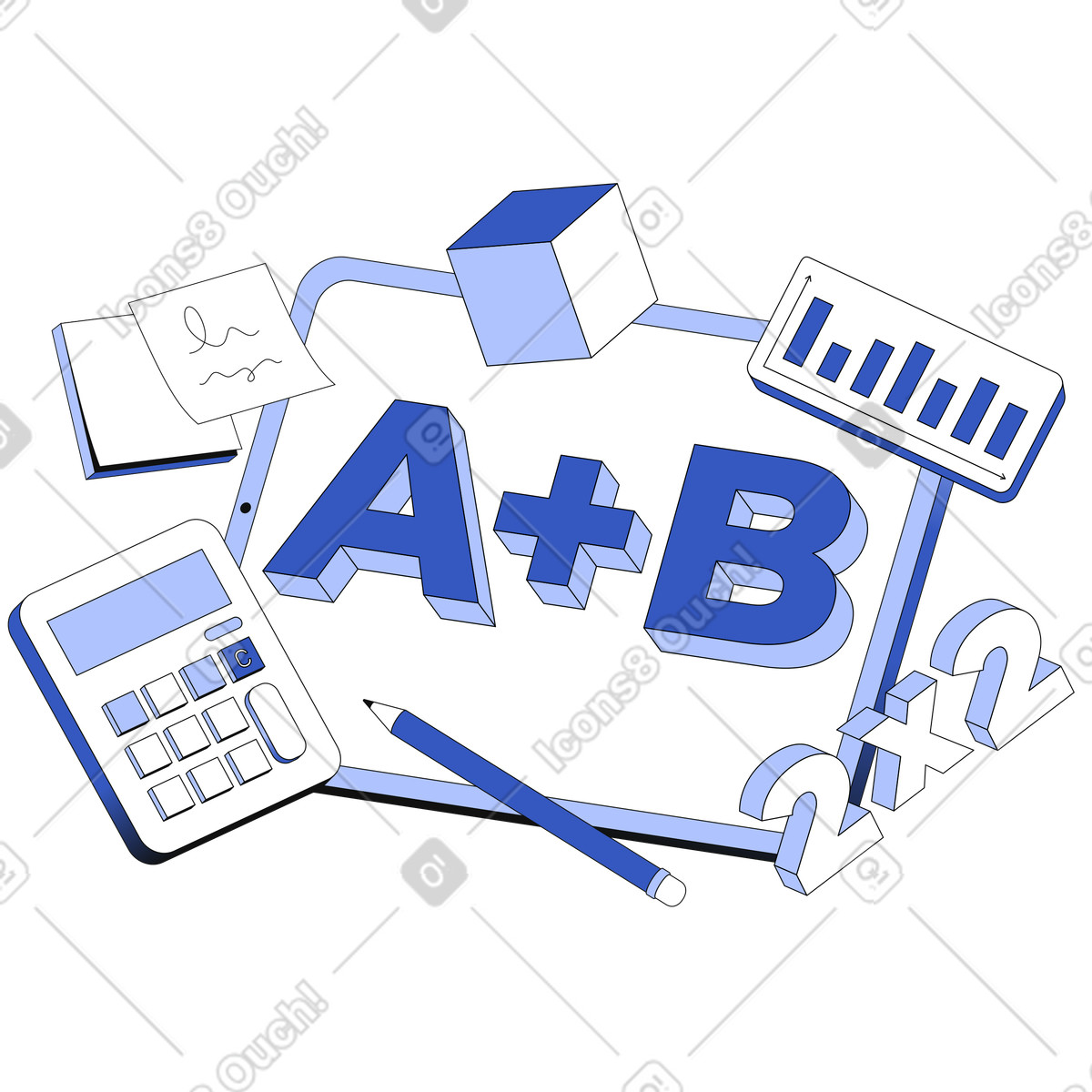 Lettering A+B with calculator, notes and pencil text illustration in Techny style download in PNG, SVG