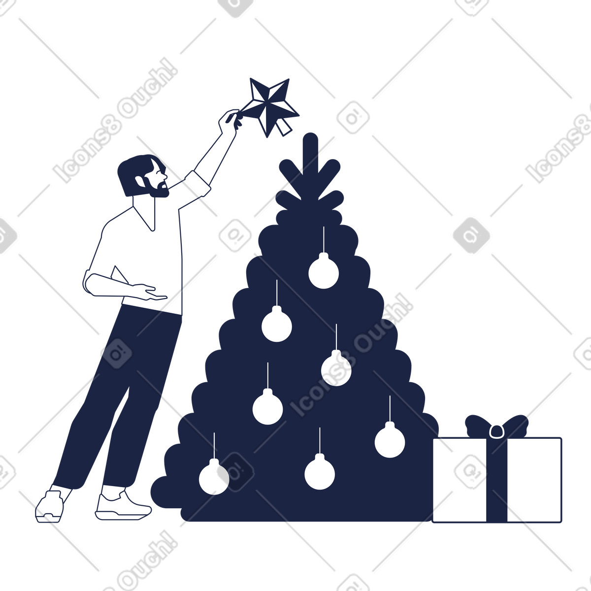 Urban Line スタイルの Hanging decorations on Christmas tree, Holiday decorating and Festive season preparation のイラストをPNG、SVG形式でダウンロード