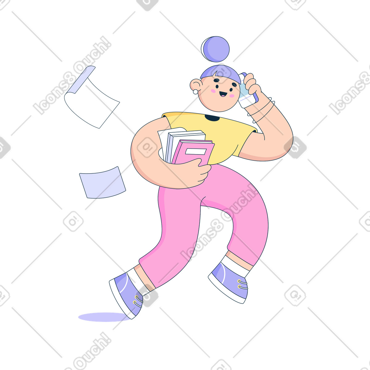 Frau hat es eilig und erledigt mehrere dinge gleichzeitig-Illustration im Bubble gum-Stil als Download in PNG, SVG