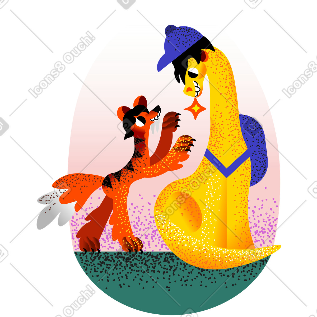 Illustration Un dinosaure livre une étoile à tigre dans le style Fauna télécharger aux formats PNG, SVG