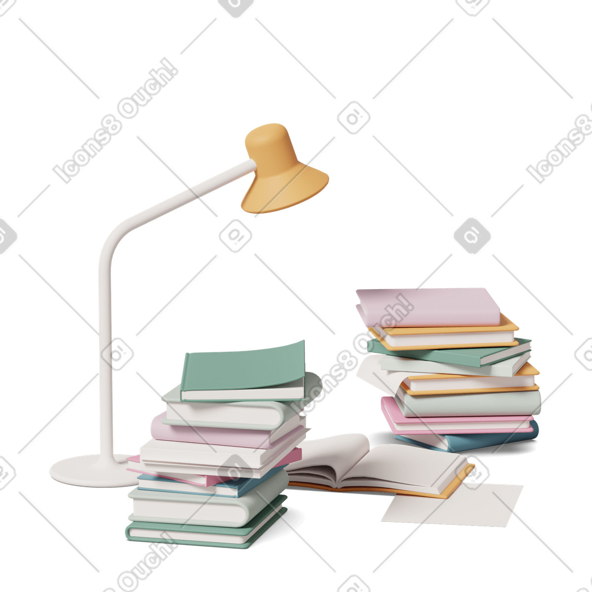 下载 3D Casual life 风格的 Workplace with stacks of books 插画，支持 PNG、SVG 格式
