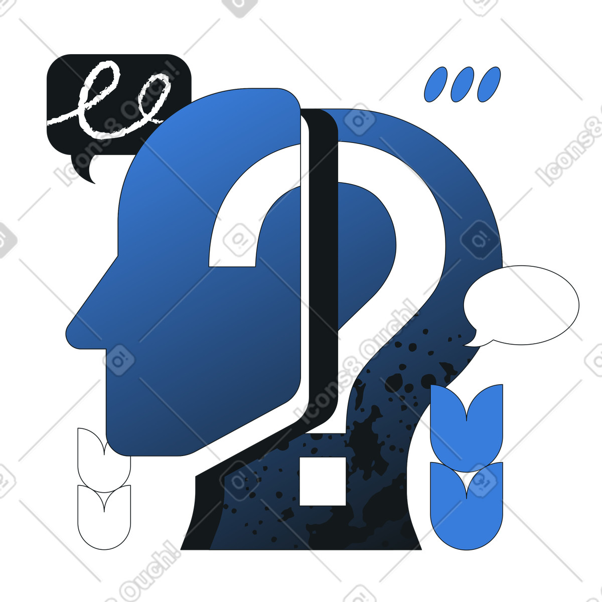Illustration Silhouette de tête avec point d'interrogation, sensibilisation à la santé mentale et soutien psychologique dans le style Midnight télécharger aux formats PNG, SVG