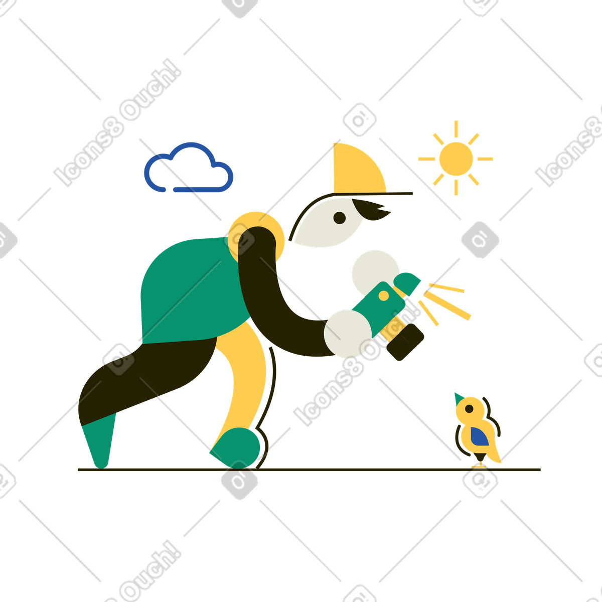 Ilustración Hombre tomando foto de pájaro en estilo Spot a descargar en PNG y SVG