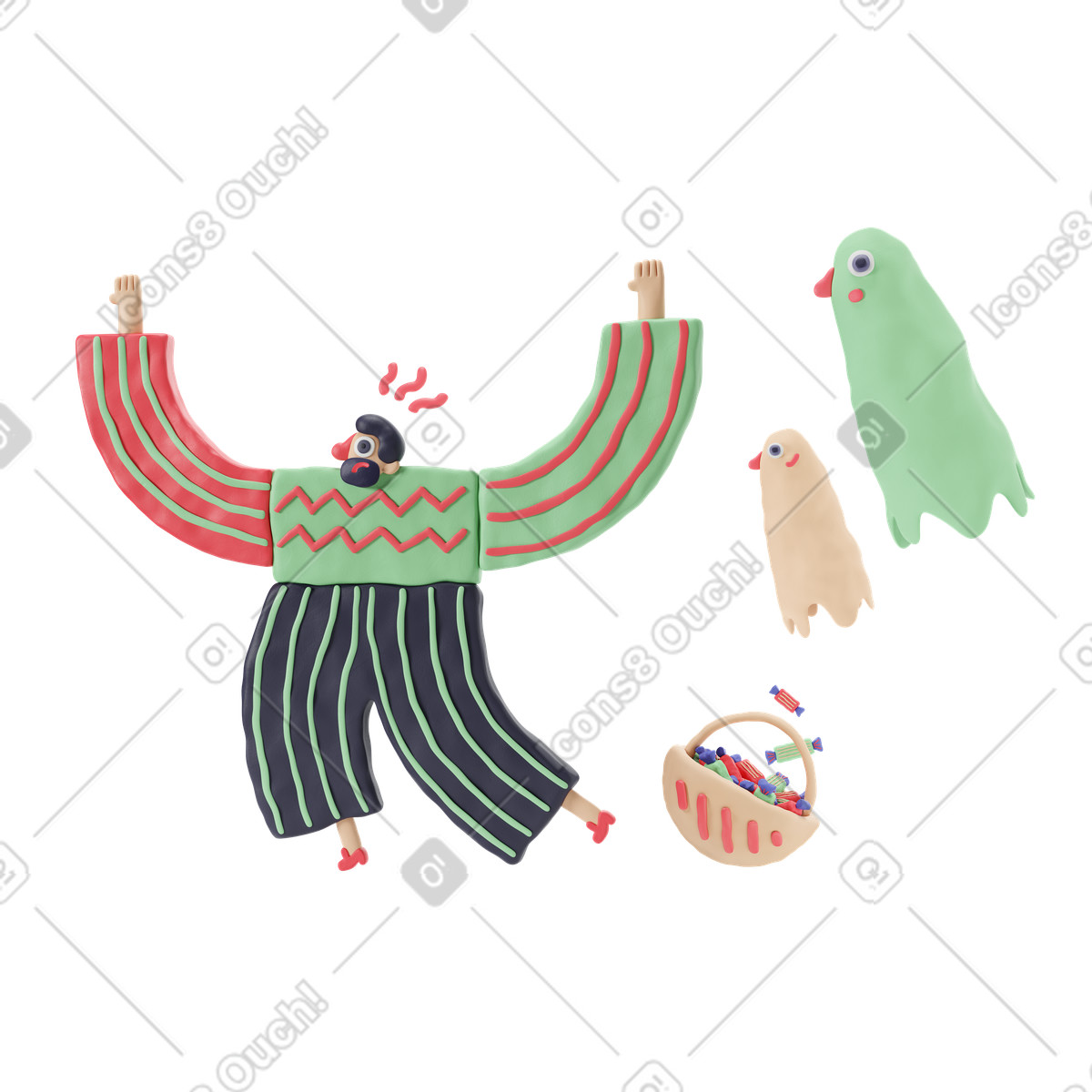 Verängstigter mann, der vor geistern davonläuft und seinen süßigkeitenkorb fallen lässt-Illustration im 3D Stripy-Stil als Download in PNG, SVG
