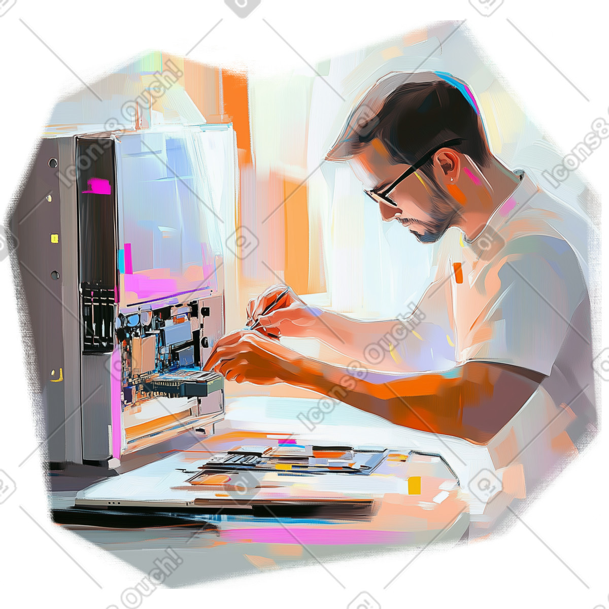 Ilustración Pintura al óleo de un hombre soldando una placa base en estilo Pictorial a descargar en PNG y SVG
