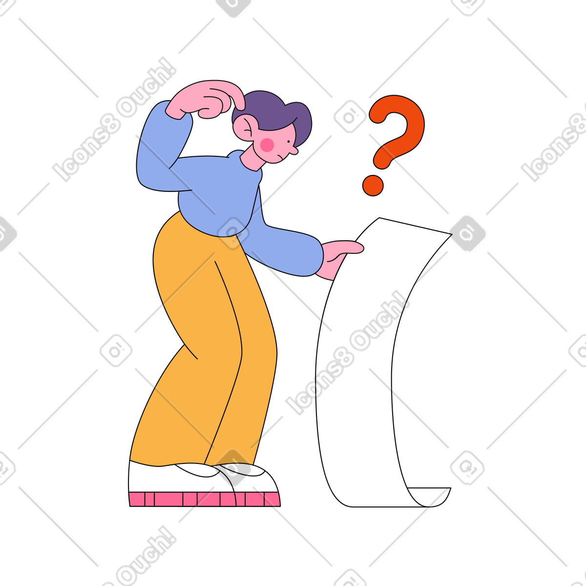 Confused man looking at an empty paper sheet illustration clipart in PNG SVG GIF