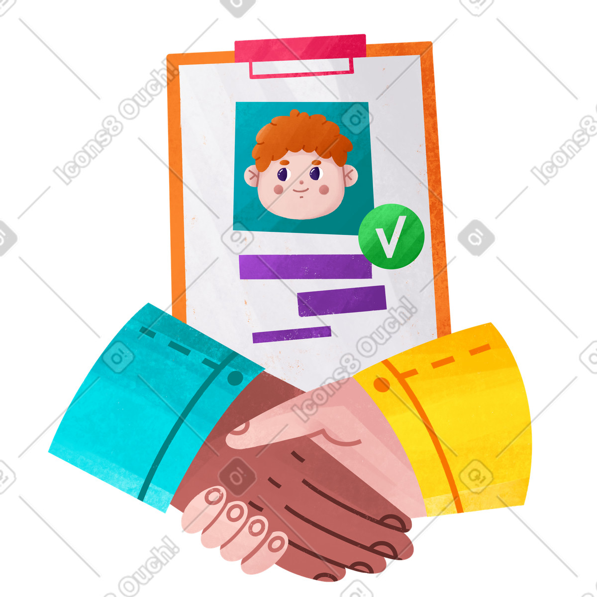 Bonbon スタイルの Handshake and approved resume, Employment agreement or job offer のイラストをPNG、SVG形式でダウンロード