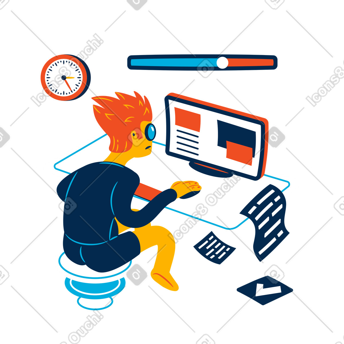 Man donwloading documents on computer illustration in Flame style download in PNG, SVG