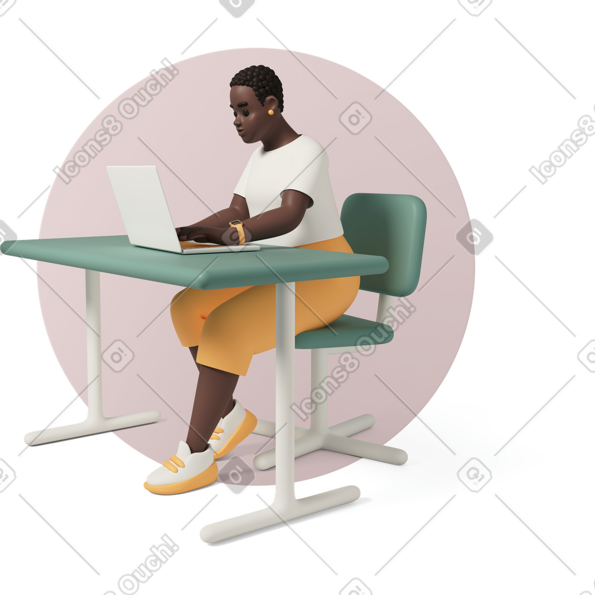 3D Casual life 스타일의 Woman working at desk with laptop 일러스트레이션 PNG, SVG 다운로드