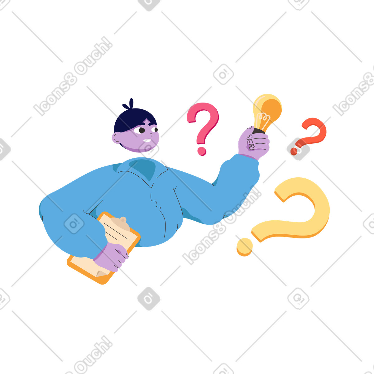 Giovane con lampadina e domande illustrazione in stile Dizzy scarica in PNG, SVG