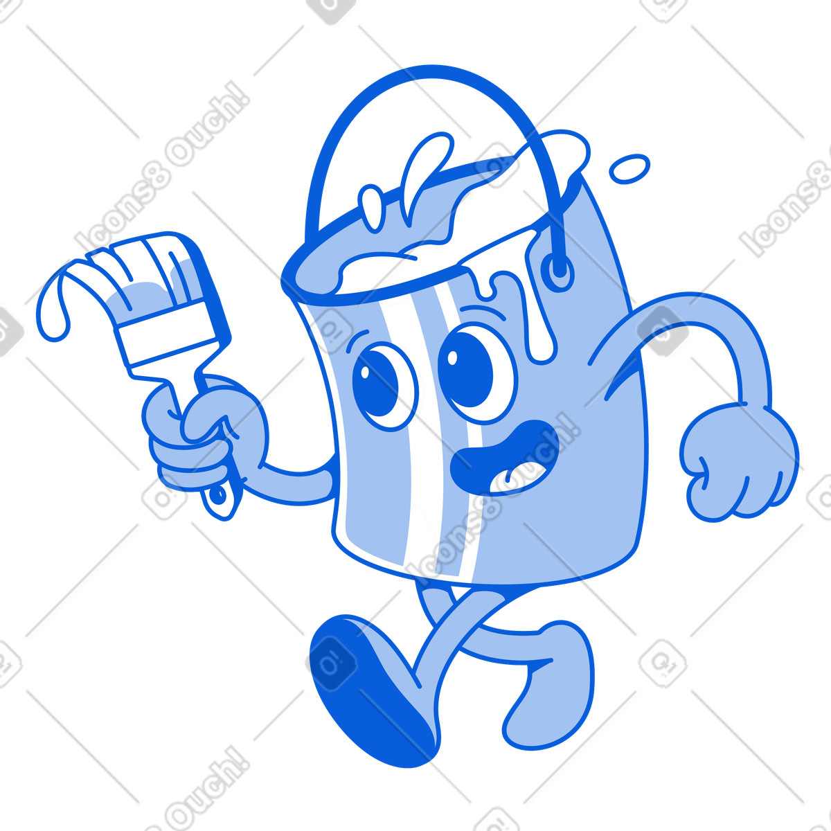 Secchio di vernice tiene un pennello e va a creare illustrazione in stile Handy Line scarica in PNG, SVG