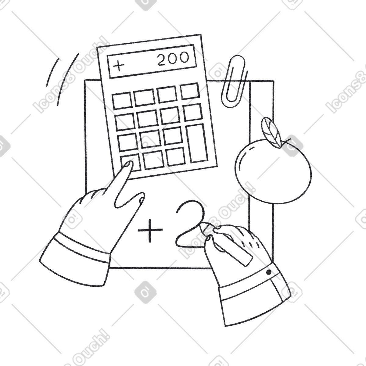 Illustration Enfant en cours de maths avec calculatrice et pomme dans le style Bonbon Line à télécharger aux formats PNG, SVG