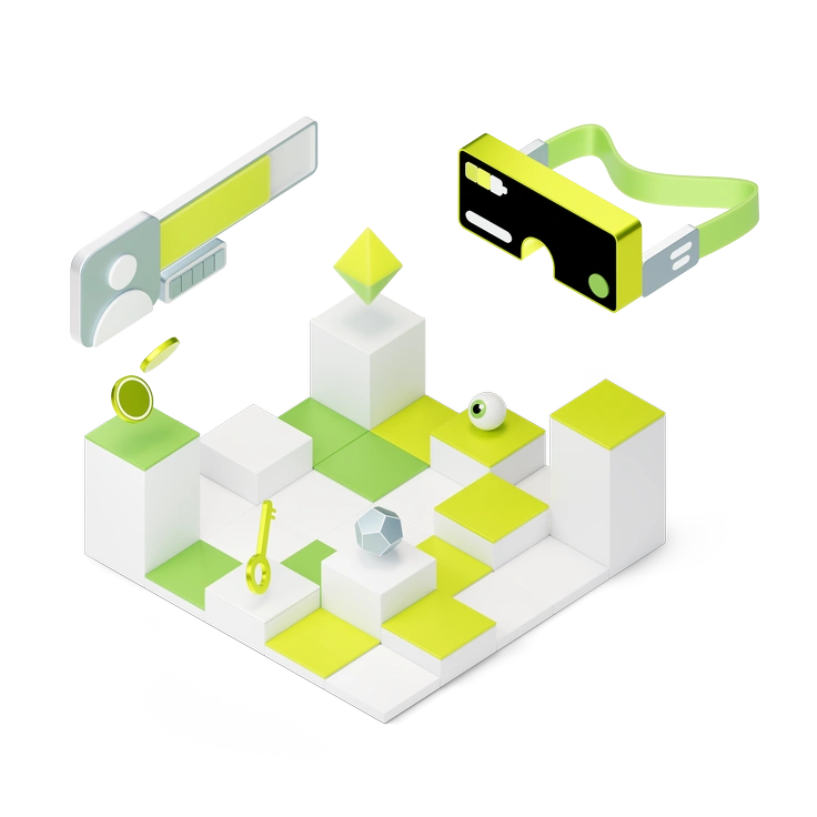 A colorful geometric puzzle with keys and glasses - 3D Isometric style illustration